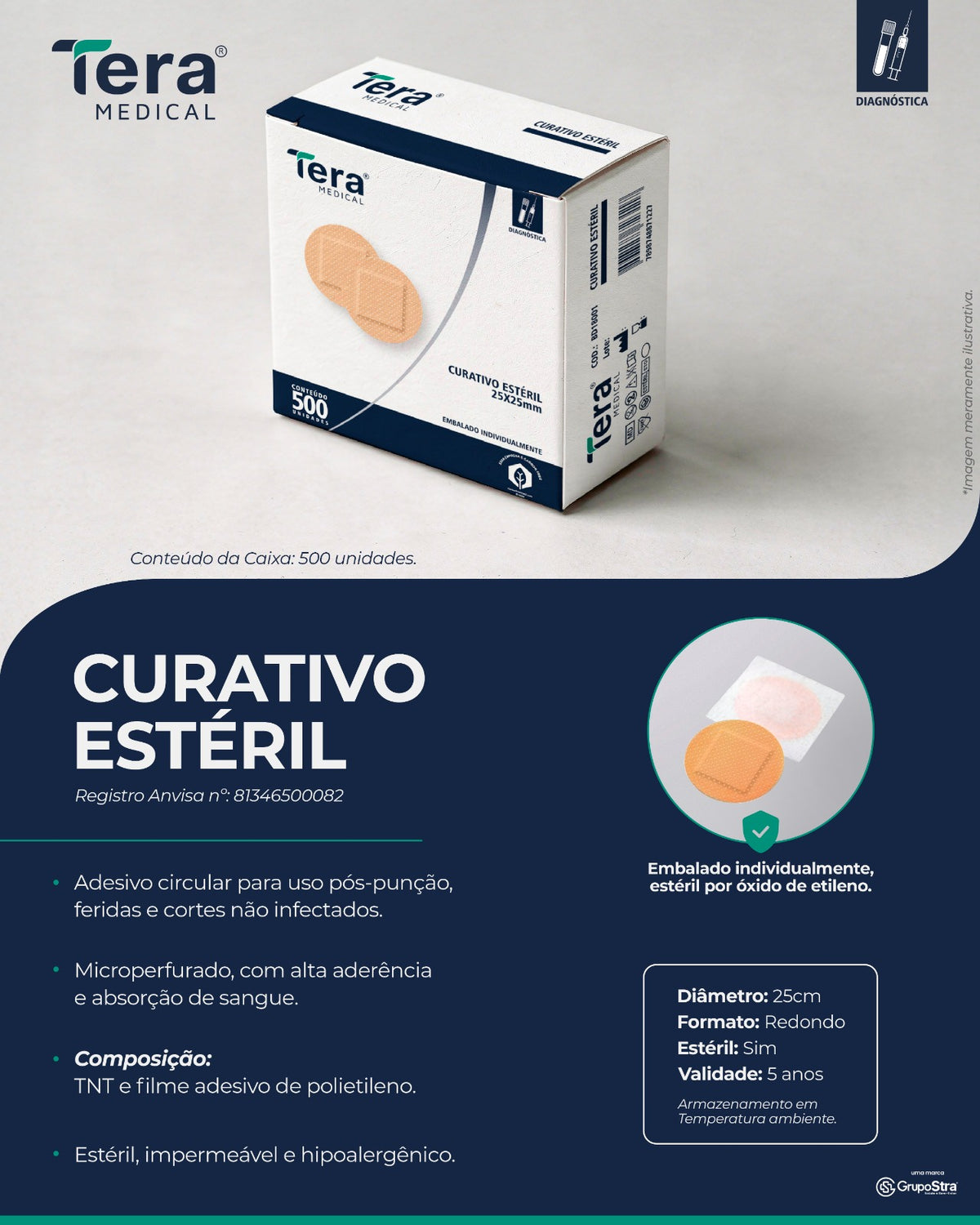 Curativo Estéril Pós Punção Adulto Redondo 22mm - Tera Medical 500un